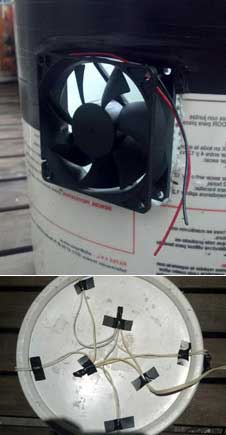 Cut holes on sides of bucket and install your exhaust fan